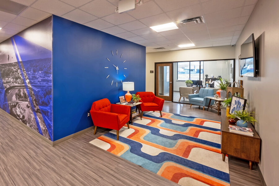 Colorful seating area and office interior at the Harrison Public Safety building in Harrison, Arkansas