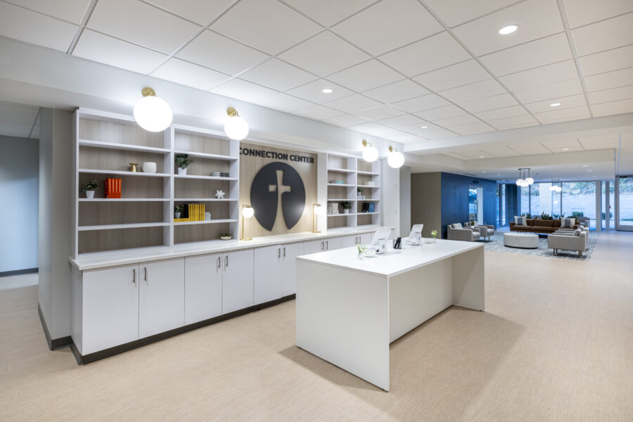 Interior view of connection center at Fellowship Bible Church Midtown Campus in Little Rock, Arkansas, designed by WDD Architects