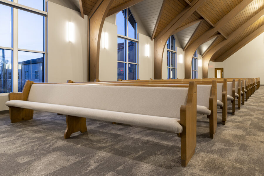 Close-up view of interior seating in worship center at Fellowship Bible Church Midtown in Little Rock, AR
