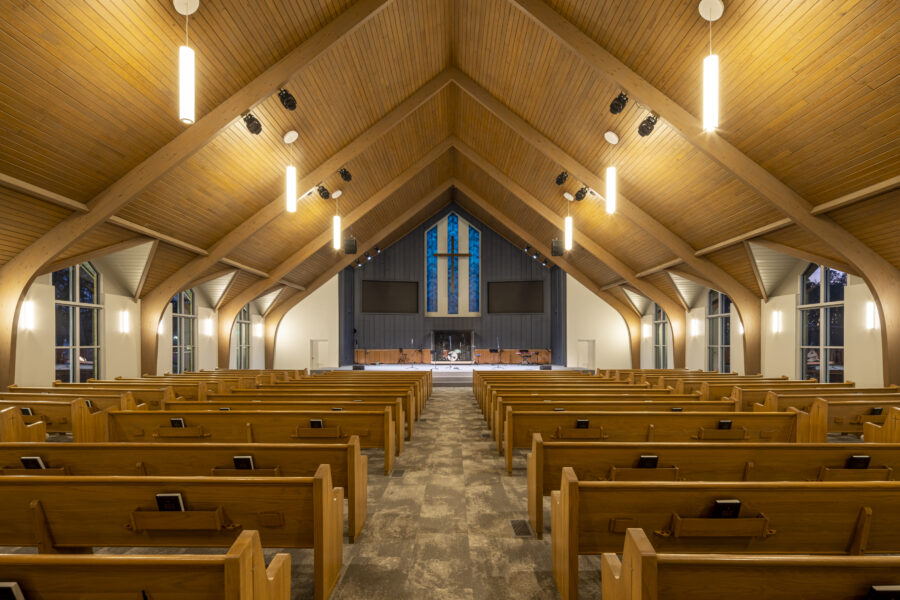 Interior view of worship center at Fellowship Bible Church Midtown Campus in Little Rock, Arkansas