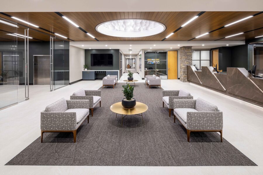 Interior lobby and reception area at Stone Bank Headquarters in Little Rock, Arkansas
