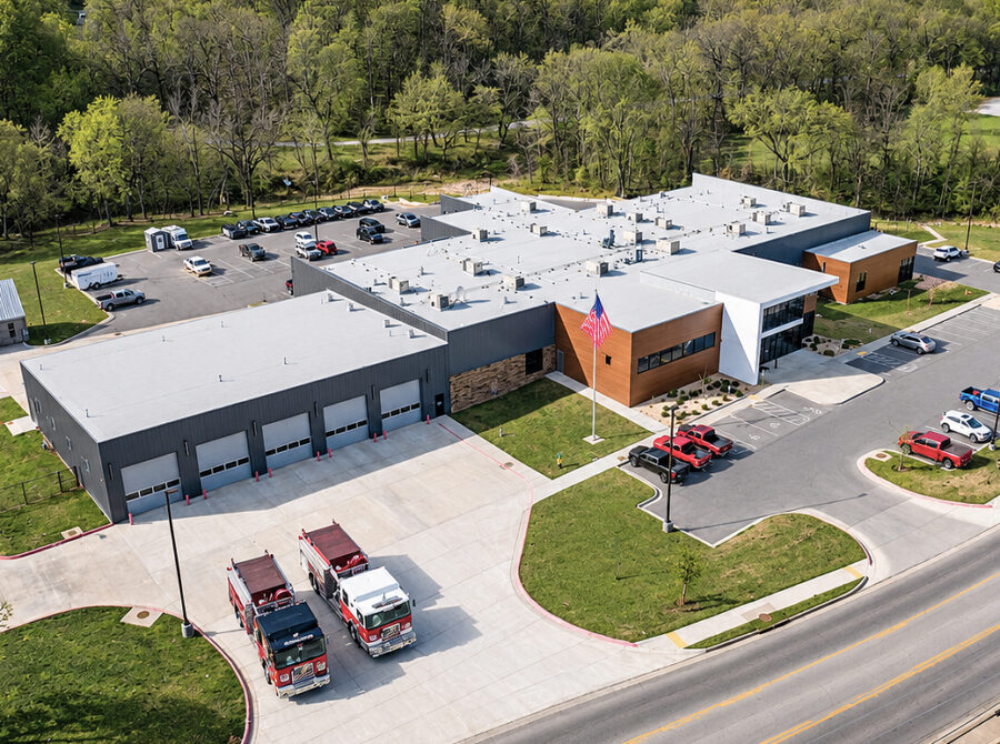 Aerial drone view of the Harrison Public Safety building exterior and parking lot in Harrison, Arkansas, designed by WDD Architects.