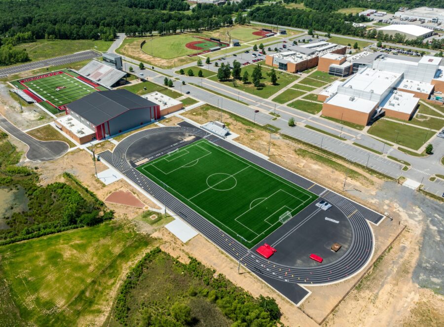 Ariel view of the new Maumelle High School athletic campus addition featuring a new track and soccer field, and training facility.
