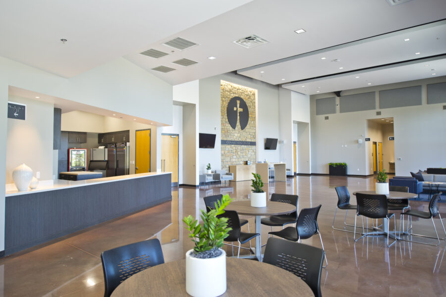 Interior view of lobby and cafe at Fellowship Bible Church in Cabot, Arkansas