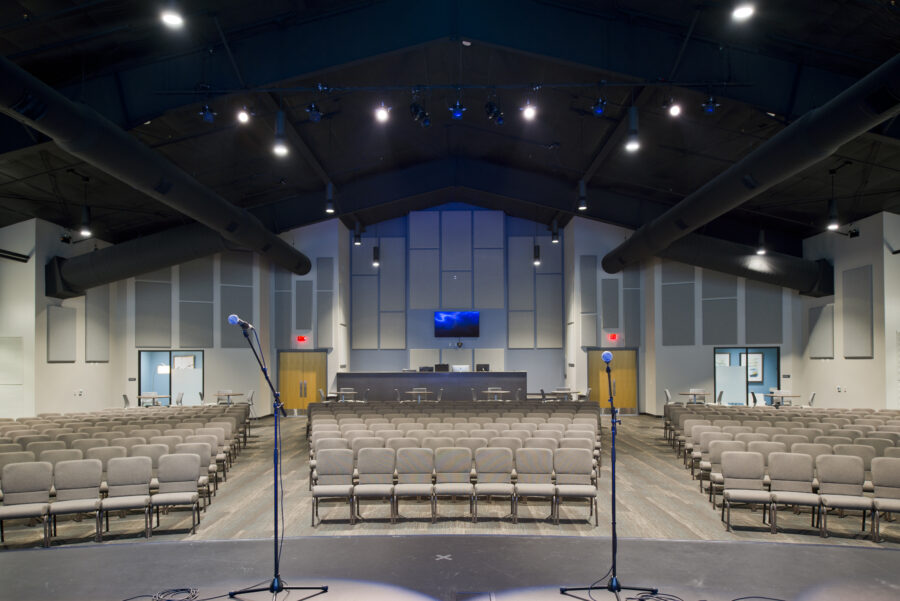 Interior view of worship center at Fellowship Bible Church in Cabot, Arkansas