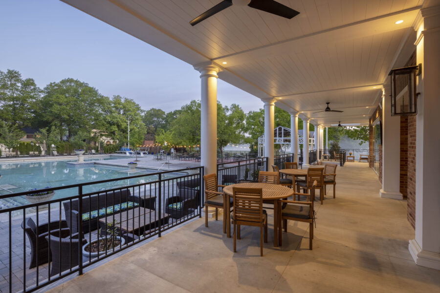 Covered outdoor terrace overlooking the golf course at the Country Club of Little Rock