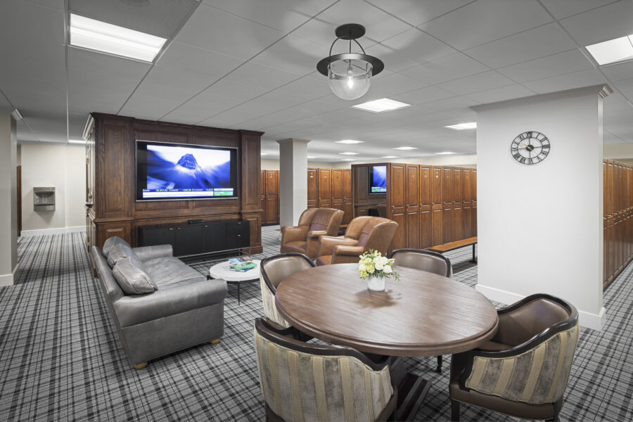 Renovated locker room and seating area at the Country Club of Little Rock Commons Addition