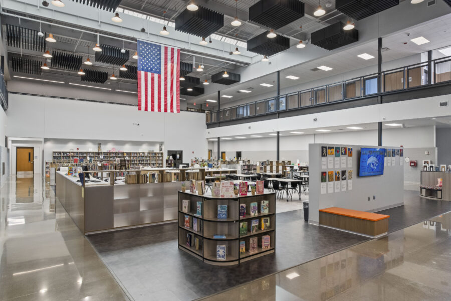 Interior view of library and learning center at Southwest Junior High School in Springdale, Arkansas