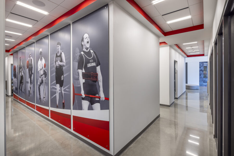 Graphic wall of athletes at Special Olympics Arkansas building