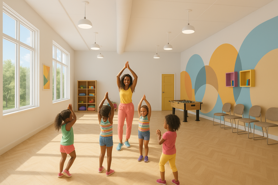 Conceptual interior rendering of Lake Village Community Recreation Center featuring a children's activity room with colorful wall graphics, wood flooring, large windows and flexible space for recreation and after-school programs.