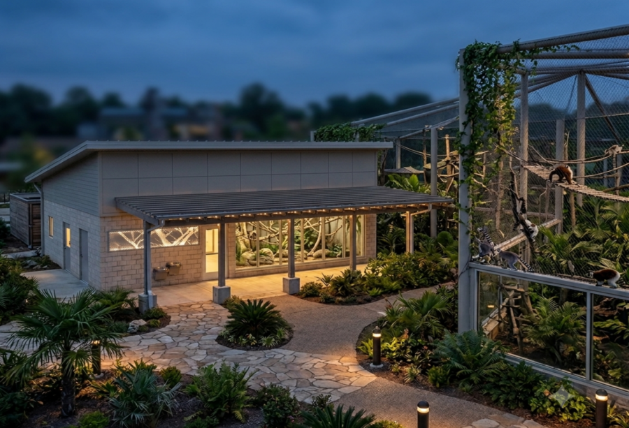 Architectural rendering of the Little Rock Zoo lemur habitat in Arkansas showing climbing structures, natural landscaping and visitor viewing areas.