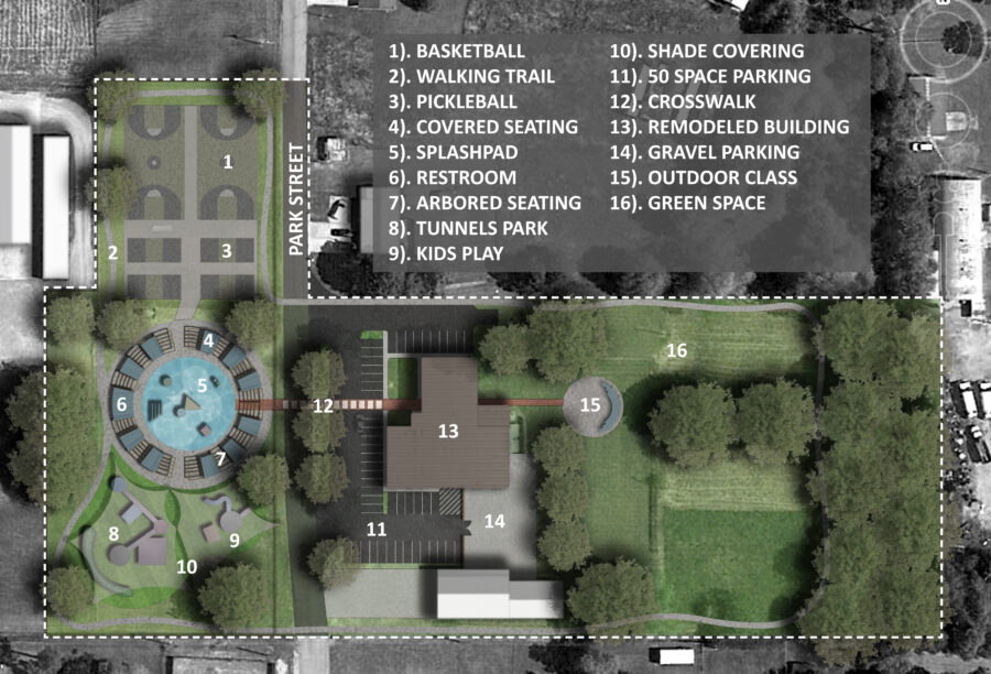 Illustrated site master plan for Lake Village Community Recreation Center by WDD Architects, showing basketball and pickleball courts, walking trails, splash pad, playgrounds, renovated Expo Center and outdoor recreation areas.