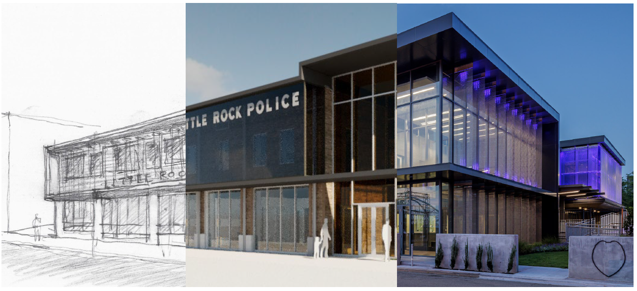 Architectural sketch, rendering and completed exterior of the Little Rock Police Headquarters, designed by WDD Architects, showing the progression from concept to construction.