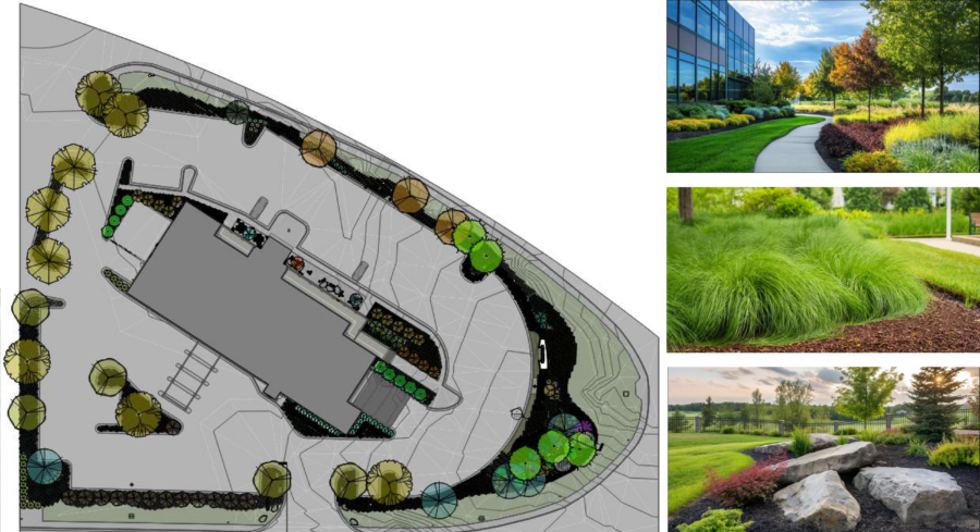 WDD Architects' landscape improvement plan for Stone Bank Headquarters in Little Rock, featuring proposed tree plantings, landscaped walkways, parking areas and natural stone accents, designed by WDD Architects.